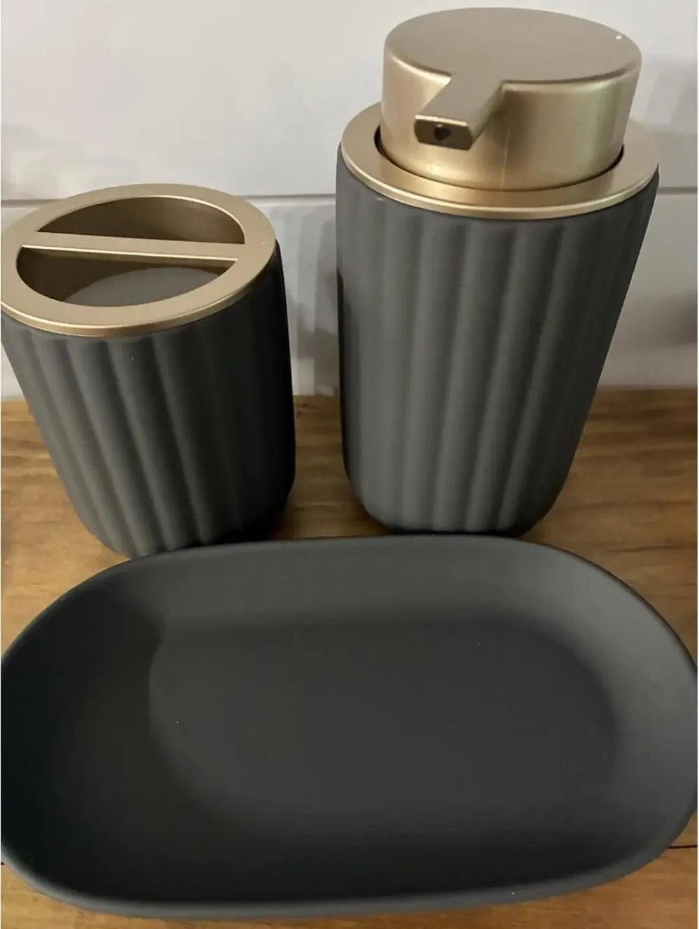 Modern Bathroom Accessory Set with Soap Dispenser, Toothbrush Holder, and Tray